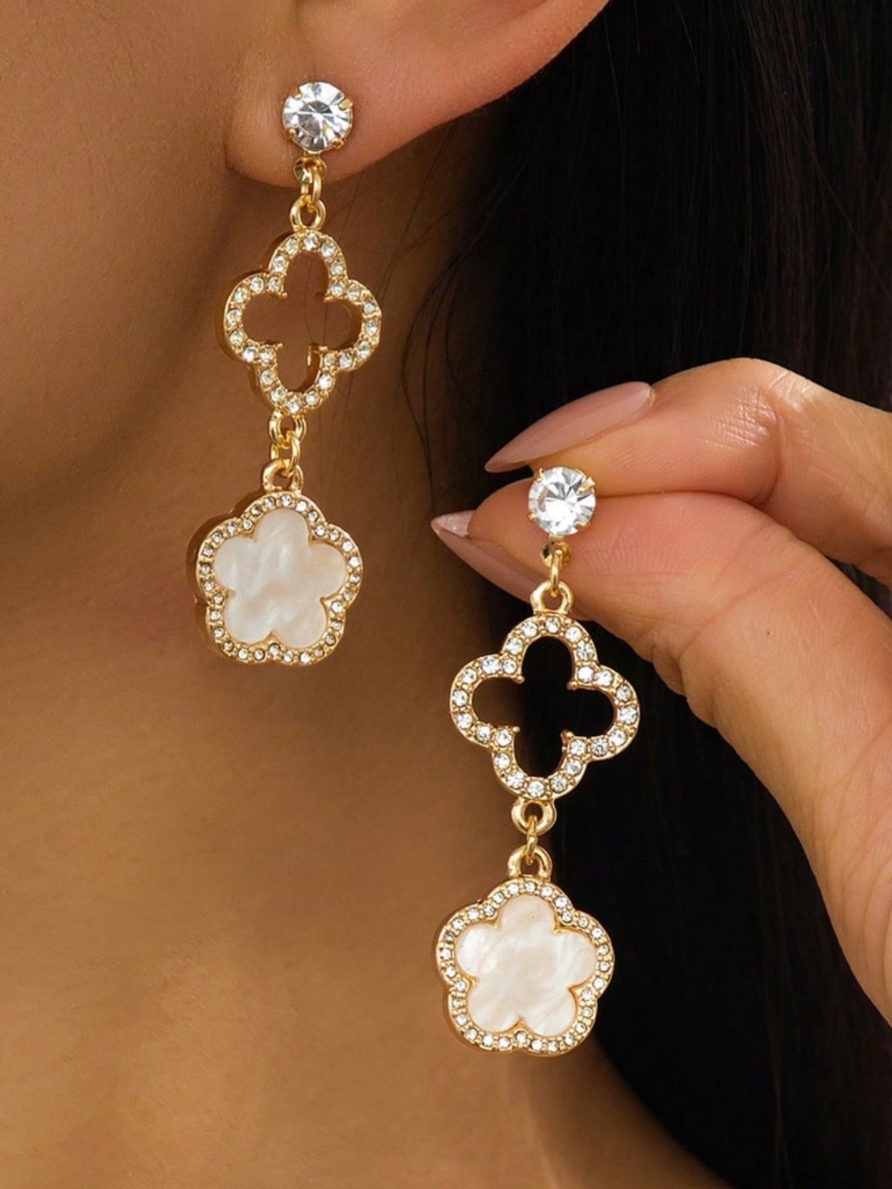 Luxe gold Tone Flower Rhinestone Drop Delicate Earrings - Picture 3 of 5